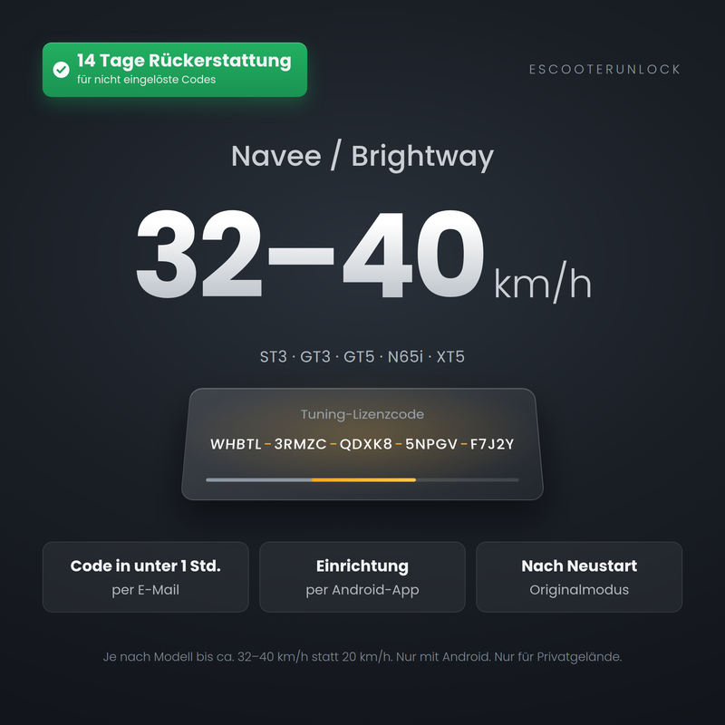 Navee & Brightway E-Scooter Tuning – Lizenzcode zum Entdrosseln per Bluetooth